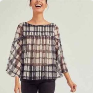 Anthropologie Akemi+ Kin Top XL Patrizia Black Plaid Sheer Lace Flare Boho